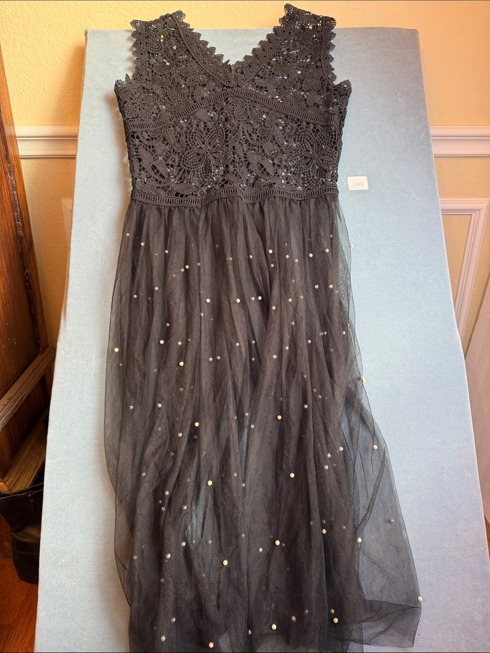 Women Black Lace & Tulle Party Dress with Pearl Detail